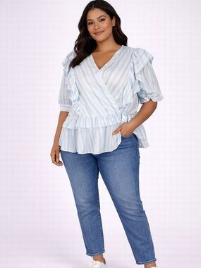 J Crew Womens 2X Multicolor Stripe Top Tie Front Ruffle Short Sleeve Blouse